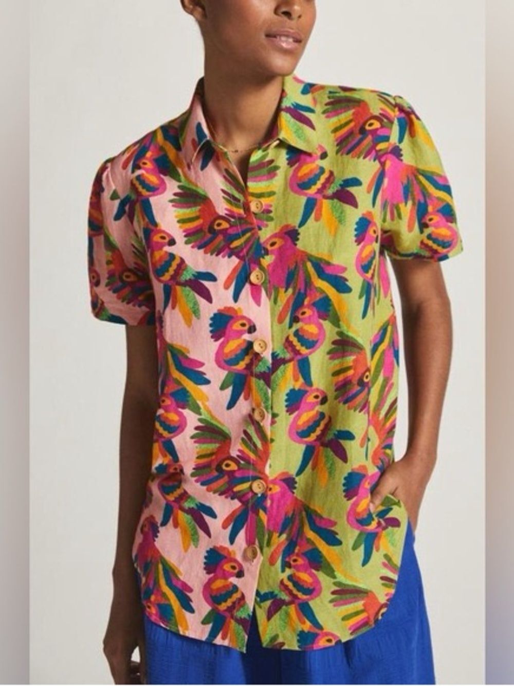 Farm Rio Tropical Linen Blend Surf Shirt Button Down Top
